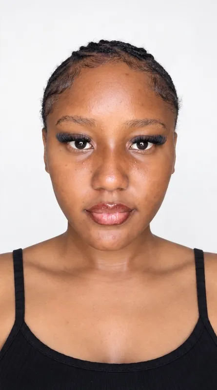 Digital, front: no makeup, hair braided back